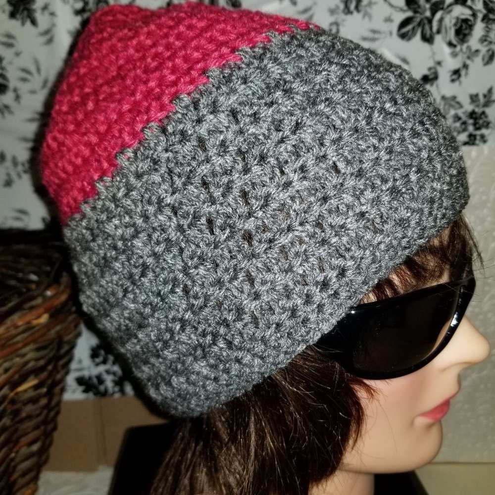 Unisex Adult Teen Beanie Hat Rosy Pink Grey Heather Crochet Knit Watch Cap Vegan